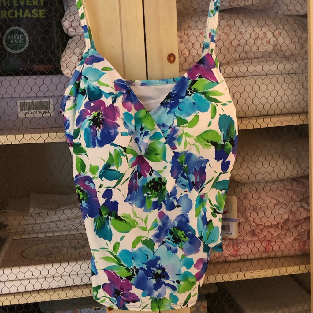Caribbean Joe Floral Tankini Top Size 18 White Blue Green Purple Nwt